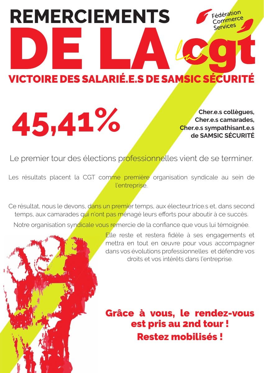 Victoire CGT aux élections de Samsic Sécurité : 45,41% !