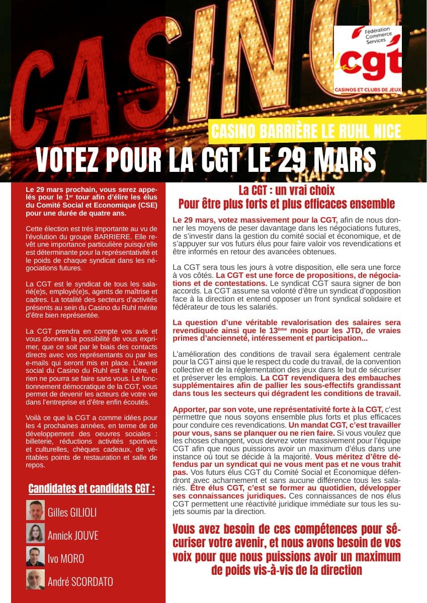 Votez pour la CGT le 29 mars au Casino