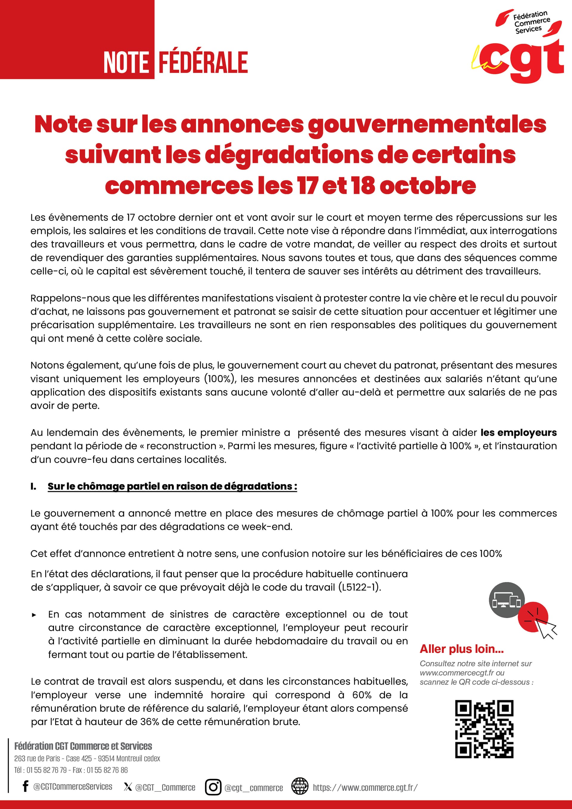 Note sur les annonces gouvernementales suivant les dégradations de certains commerces les 17 et 18 octobre