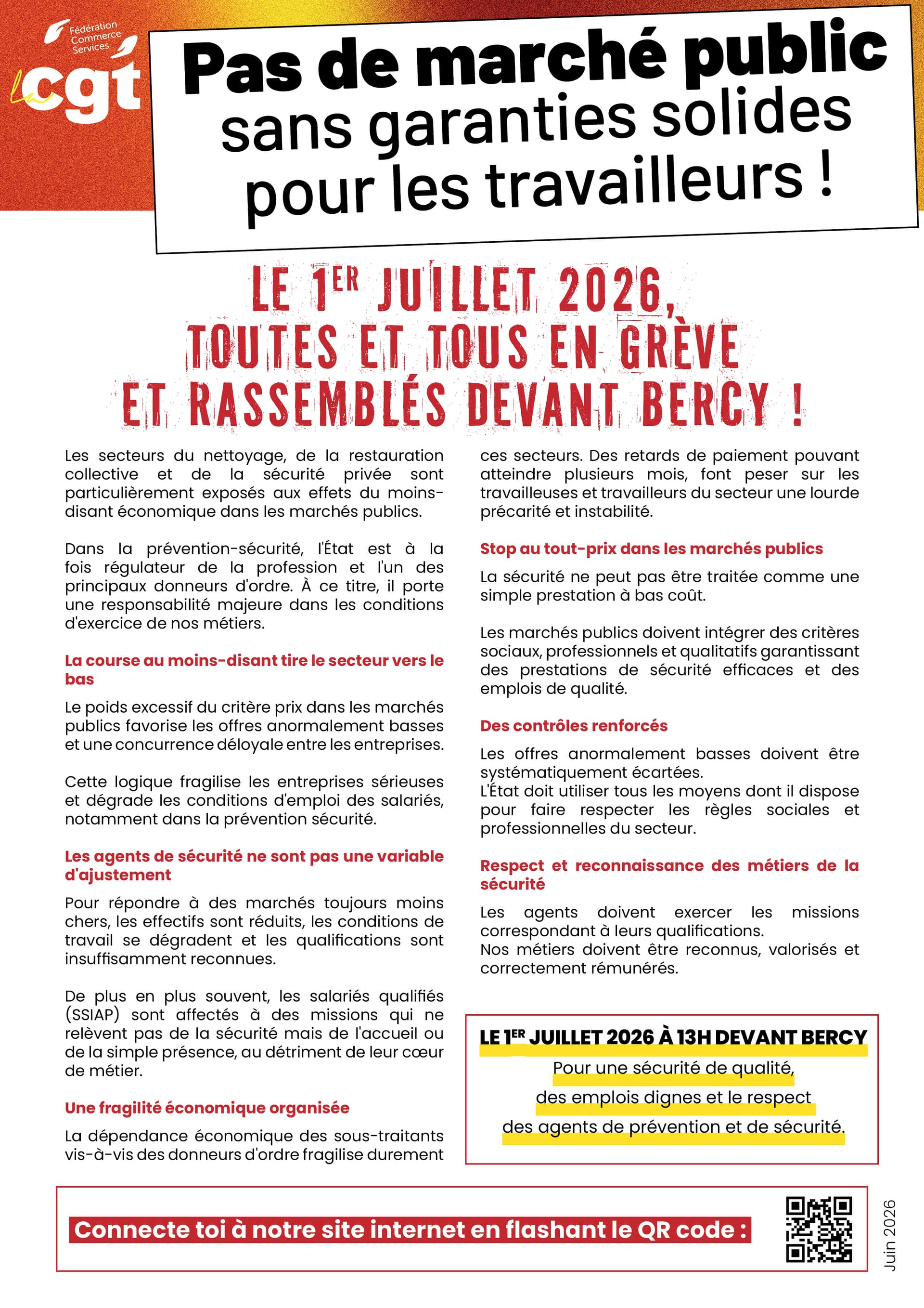 Pas de marché public sans garanties solides pour les travailleurs ! Le 1er juillet 2026, toutes et tous en grève !