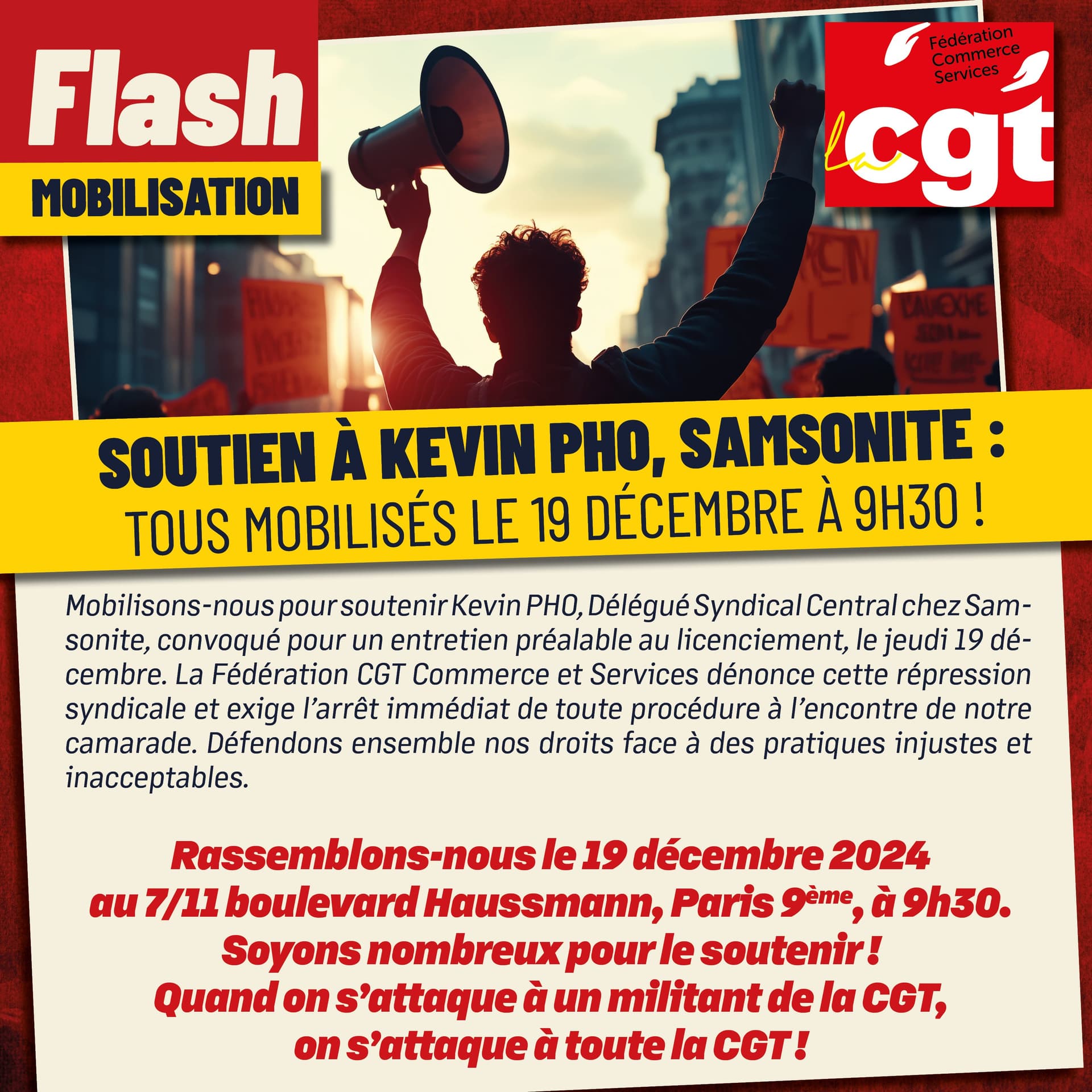 Soutien à Kevin PHO : mobilisation CGT le 19 décembre
