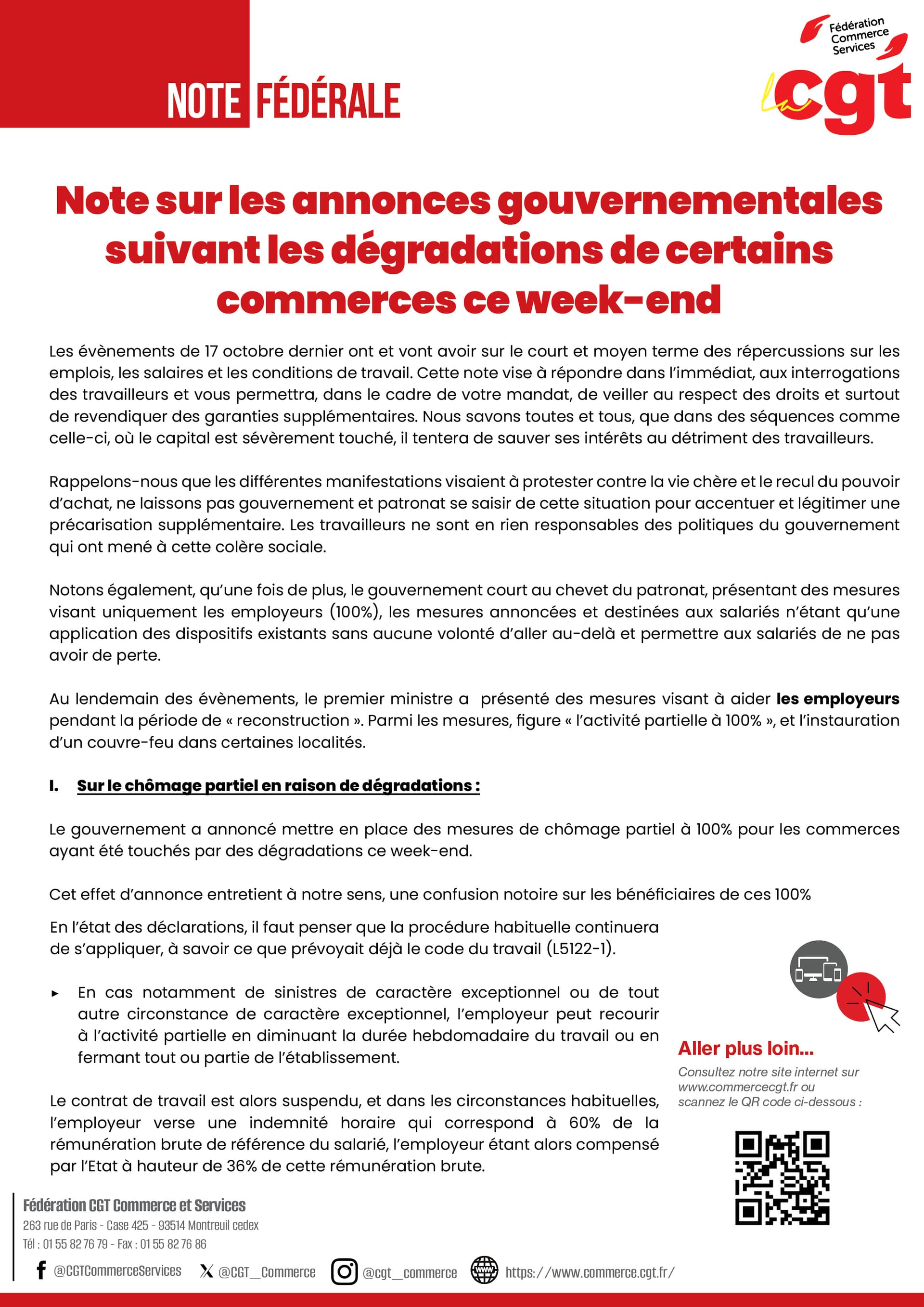 Note sur les annonces gouvernementales suivant les dégradations de certains commerces ce week-end