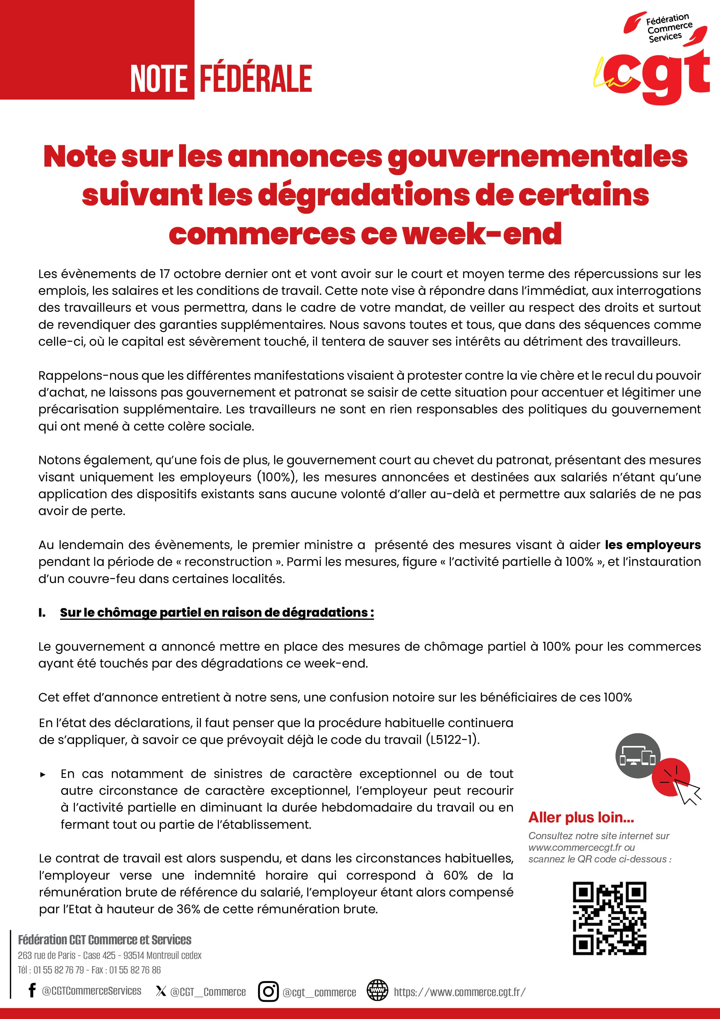 Note sur les annonces gouvernementales suivant les dégradations de certains commerces ce week-end