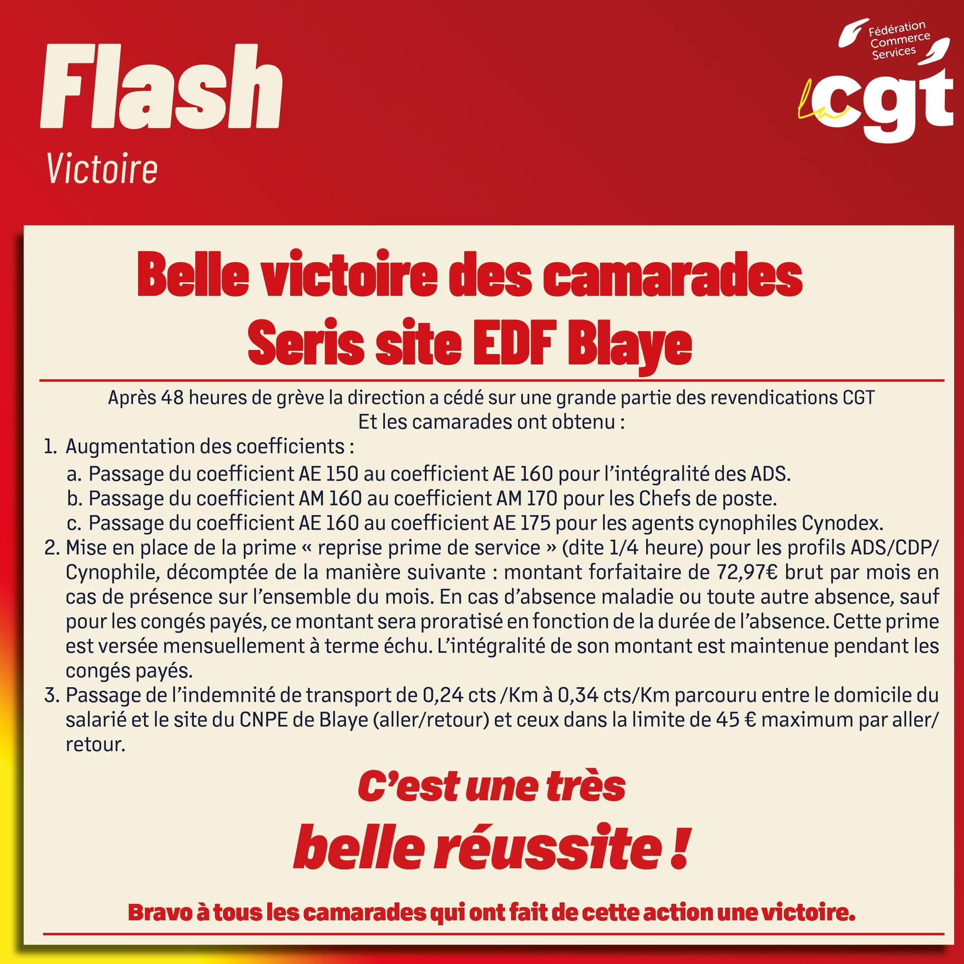 Victoire des camarades au site EDF Blaye de Serris