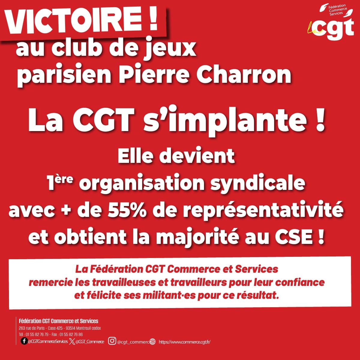 CGT élue première organisation syndicale avec 55% aux Clubs de jeux Charron