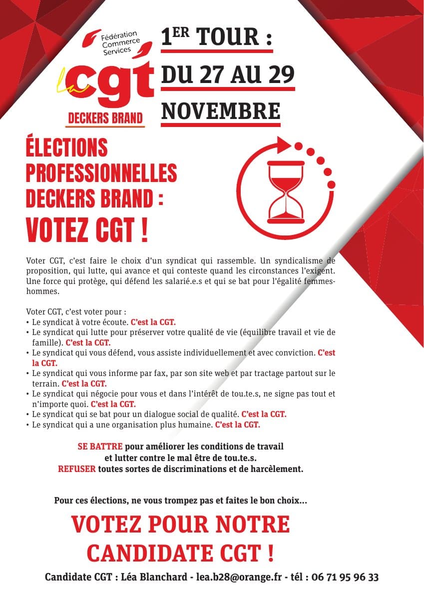 Élections professionnelles Deckers Brand : votez CGT !