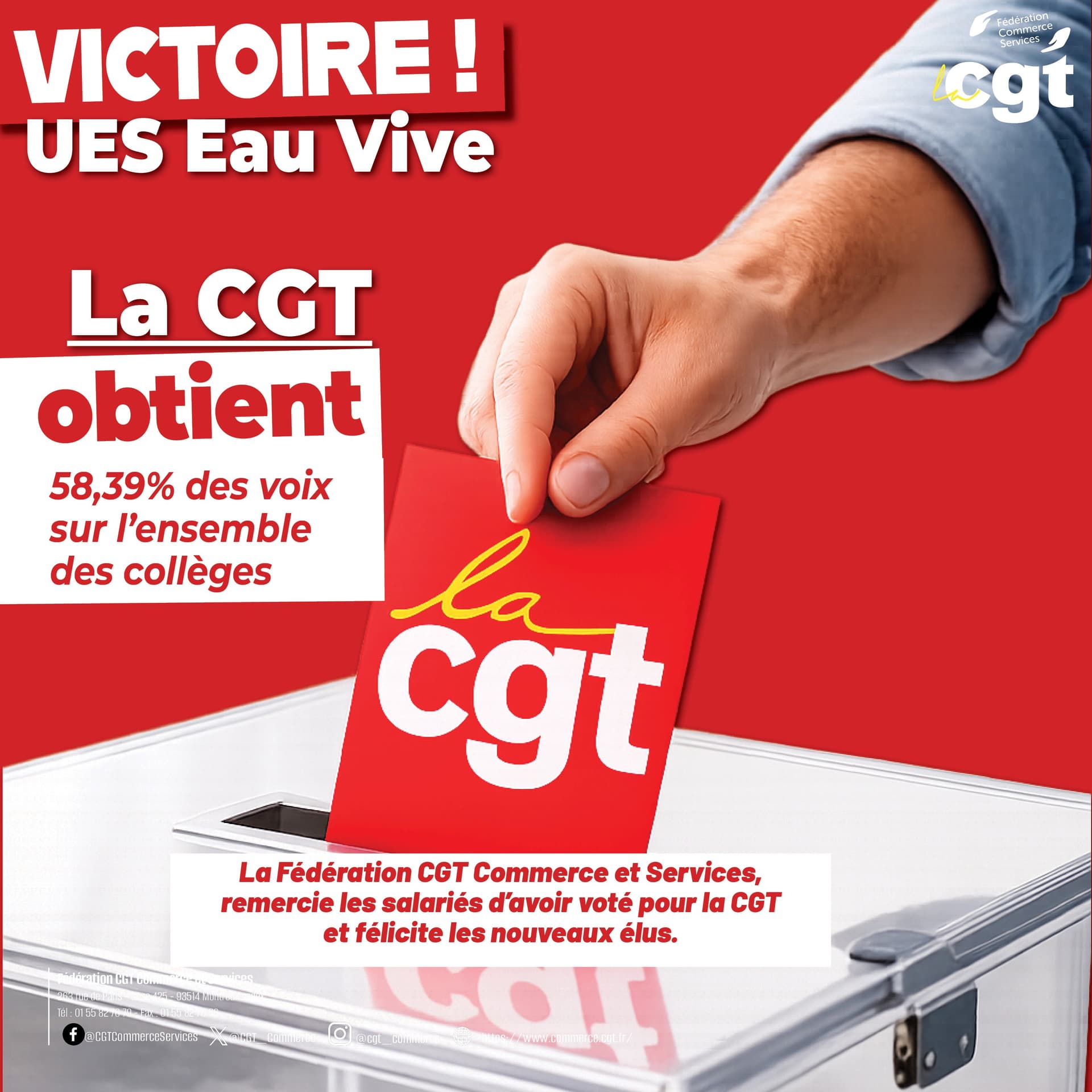 Victoire ! La CGT remporte 58,39% aux élections UES Eau Vive