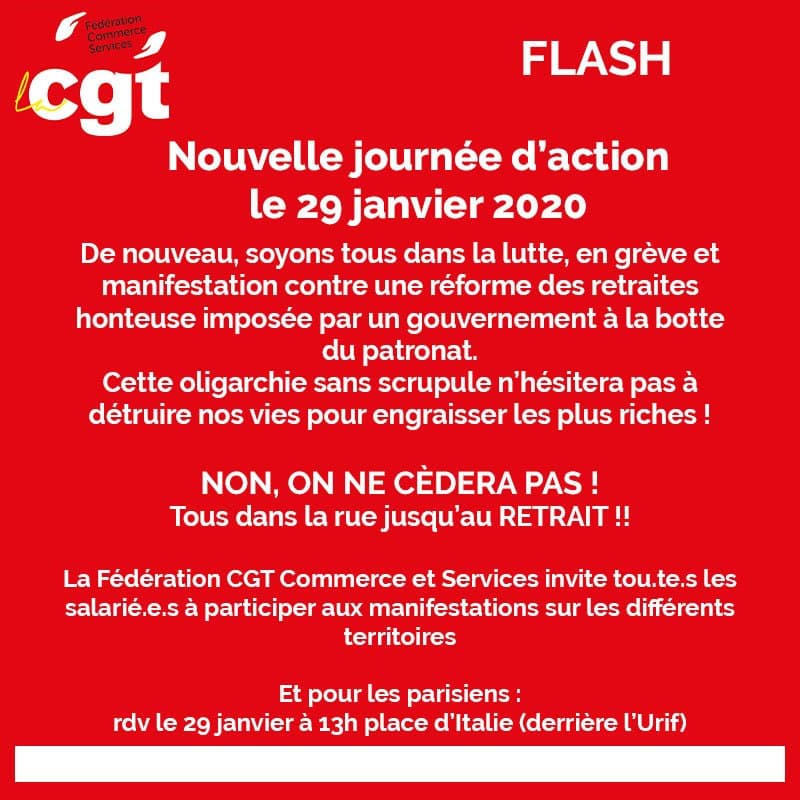 Journée d'action le 29 janvier 2020 contre la réforme des retraites