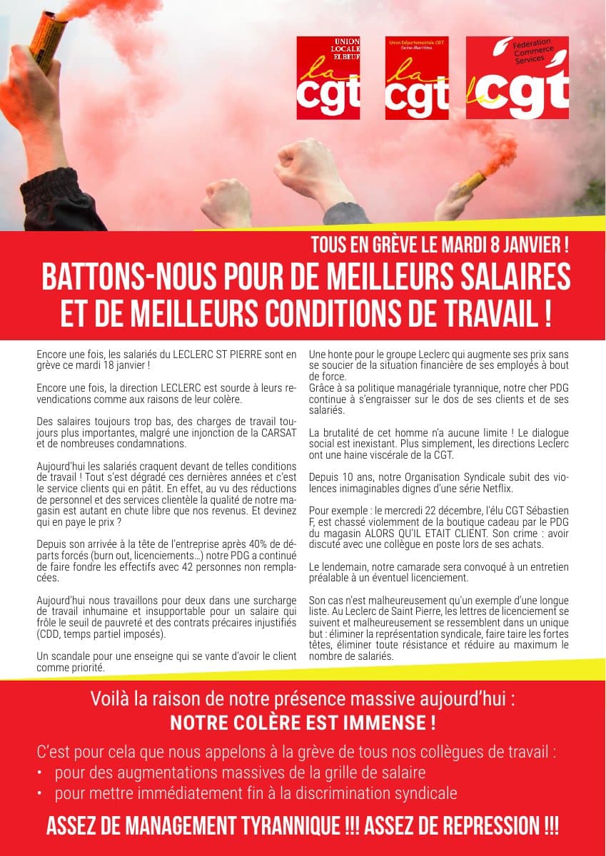 Leclerc Elbeuf : grève le 8 janvier pour les salaires !