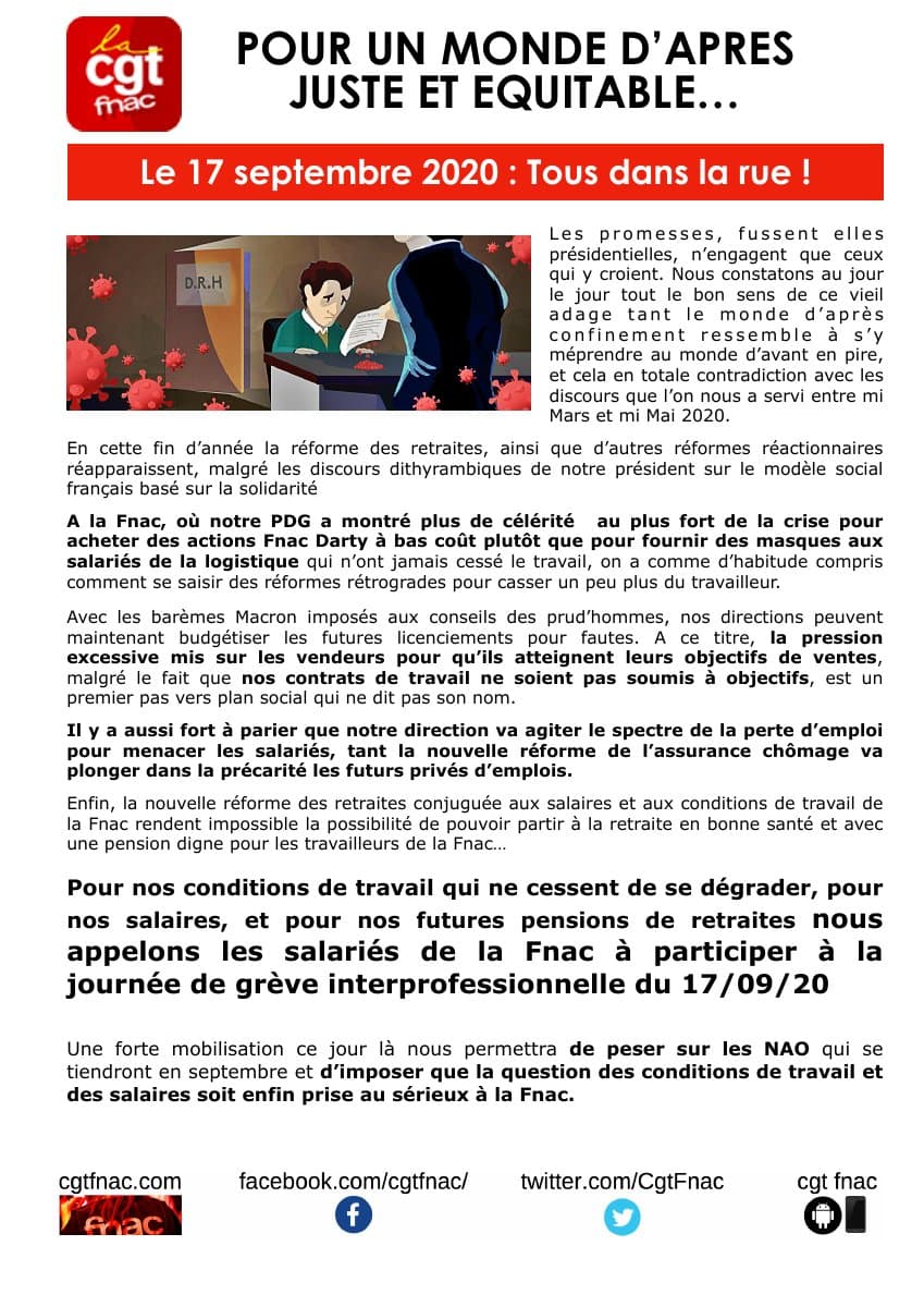 Fnac : grève le 17 septembre pour nos salaires et pensions !