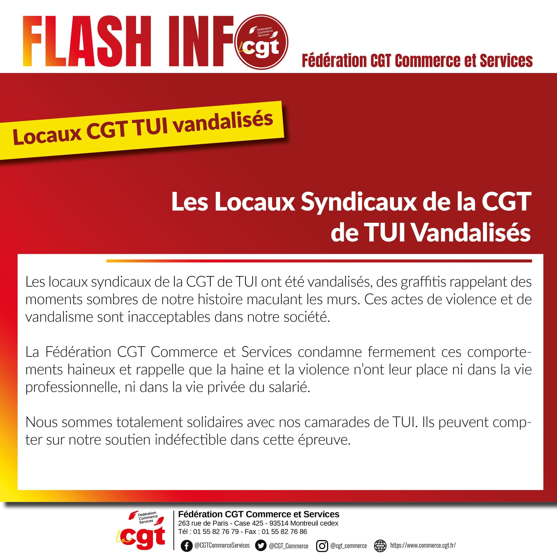 Locaux CGT TUI vandalisés : la CGT condamne fermement