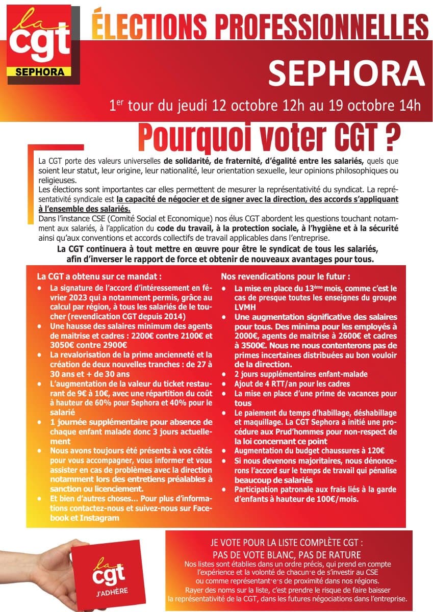 Élections professionnelles Sephora : votez CGT du 12 au 19 octobre