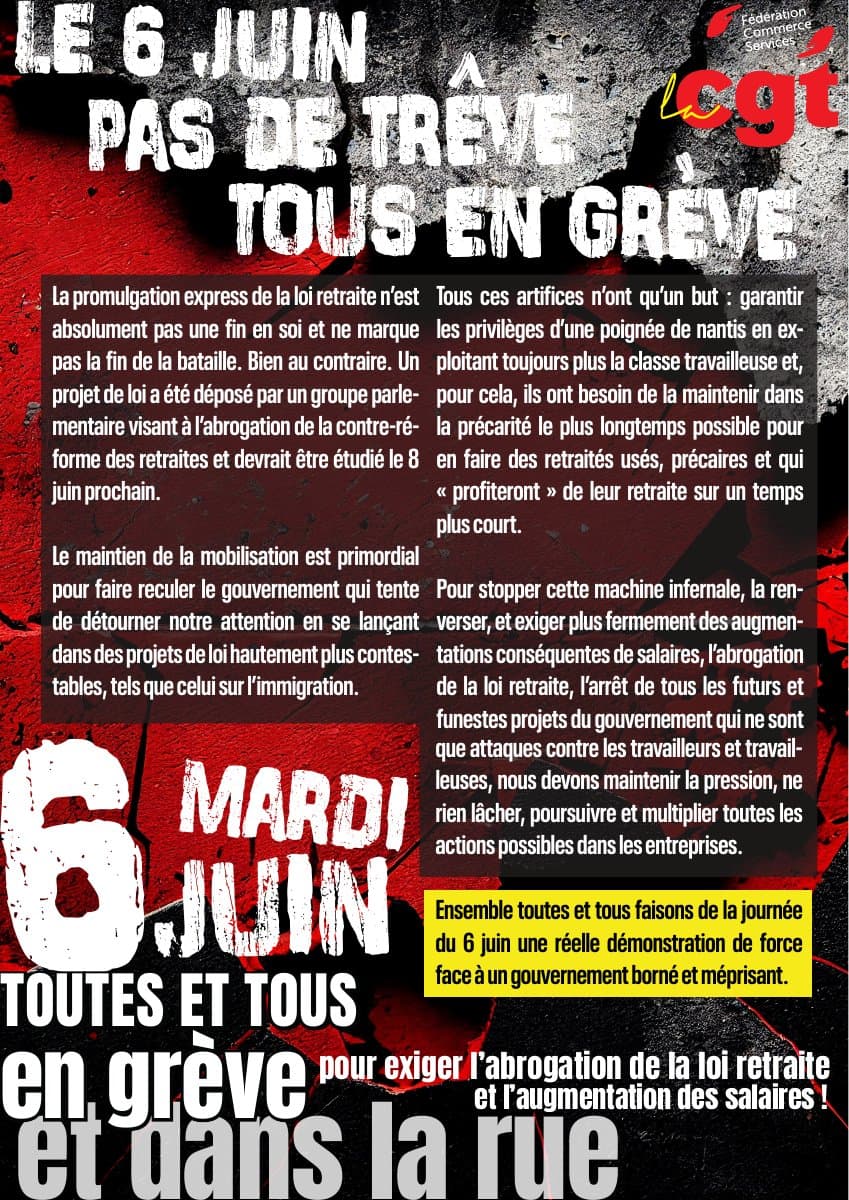 6 juin : grève et manifestation pour l'abrogation de la loi retraite