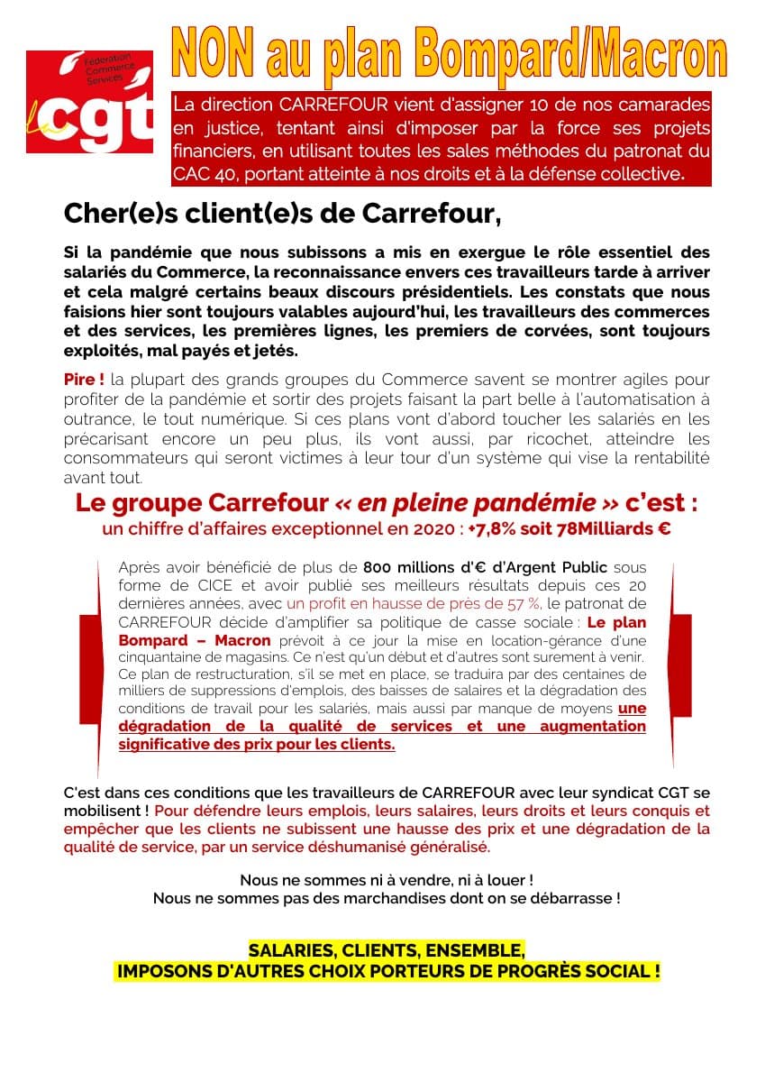 NON au plan Bombard/Macron ! Grève reconductible chez Carrefour
