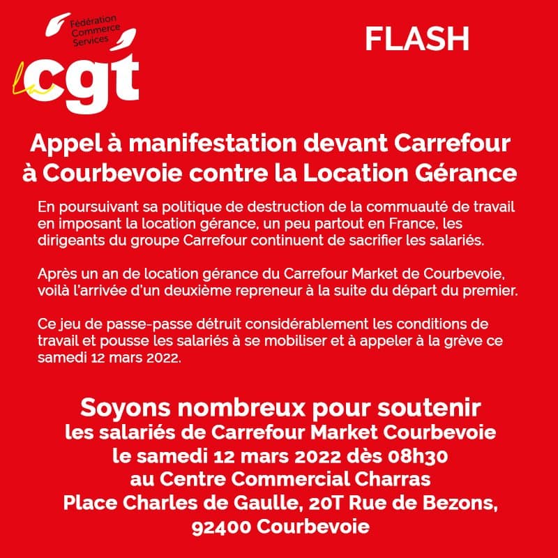 Manifestation le 12 mars contre la location gérance chez Carrefour Courbevoie