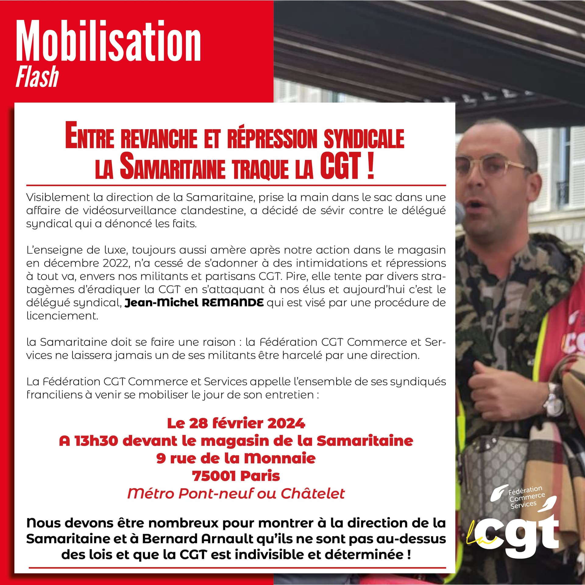 La Samaritaine traçue la CGT : mobilisation le 28 février