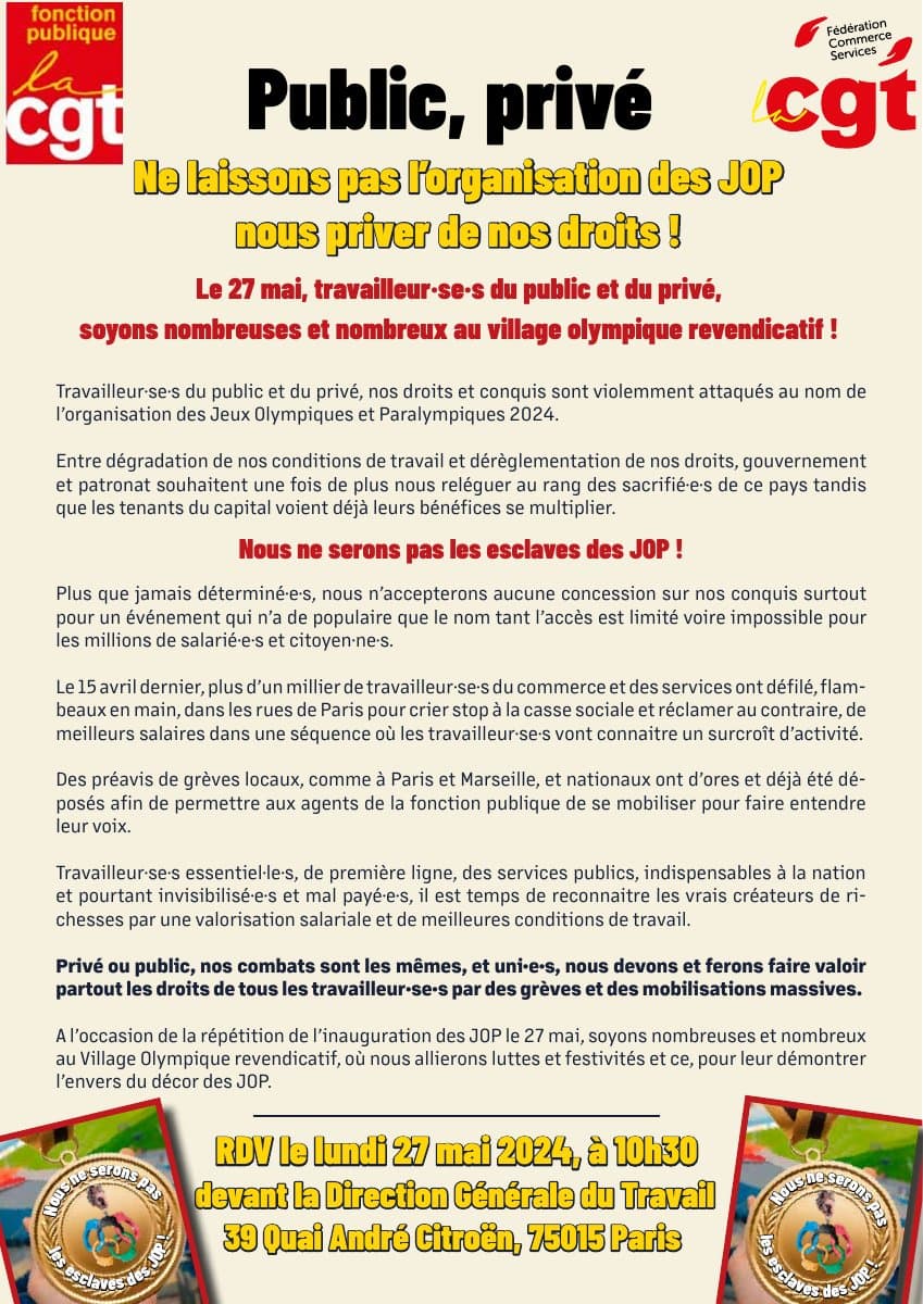 27 mai : Tous mobilisés contre les JOP et pour nos droits !