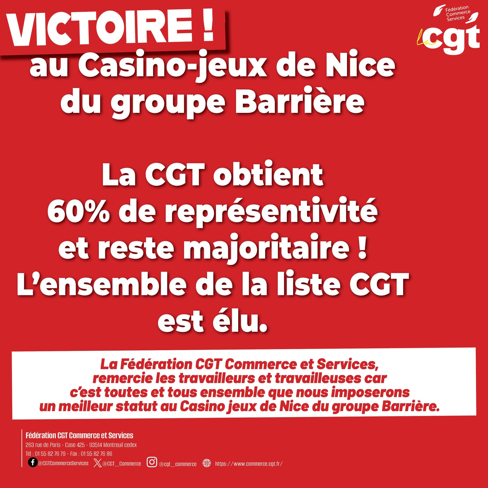 Victoire électorale : la CGT remporte 60% à Casino Barrière Nice