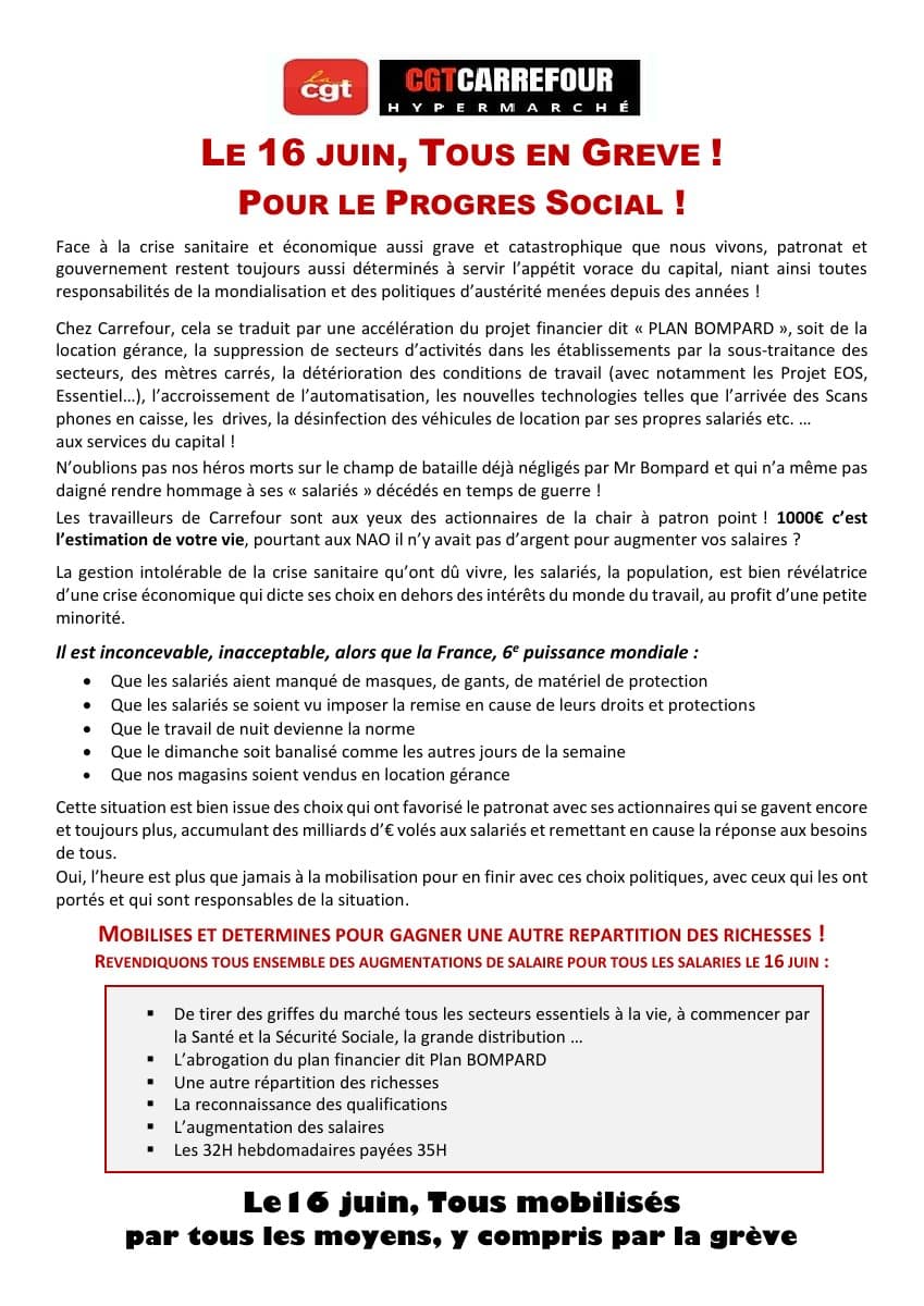 16 juin : Grève générale chez Carrefour pour le progrès social !