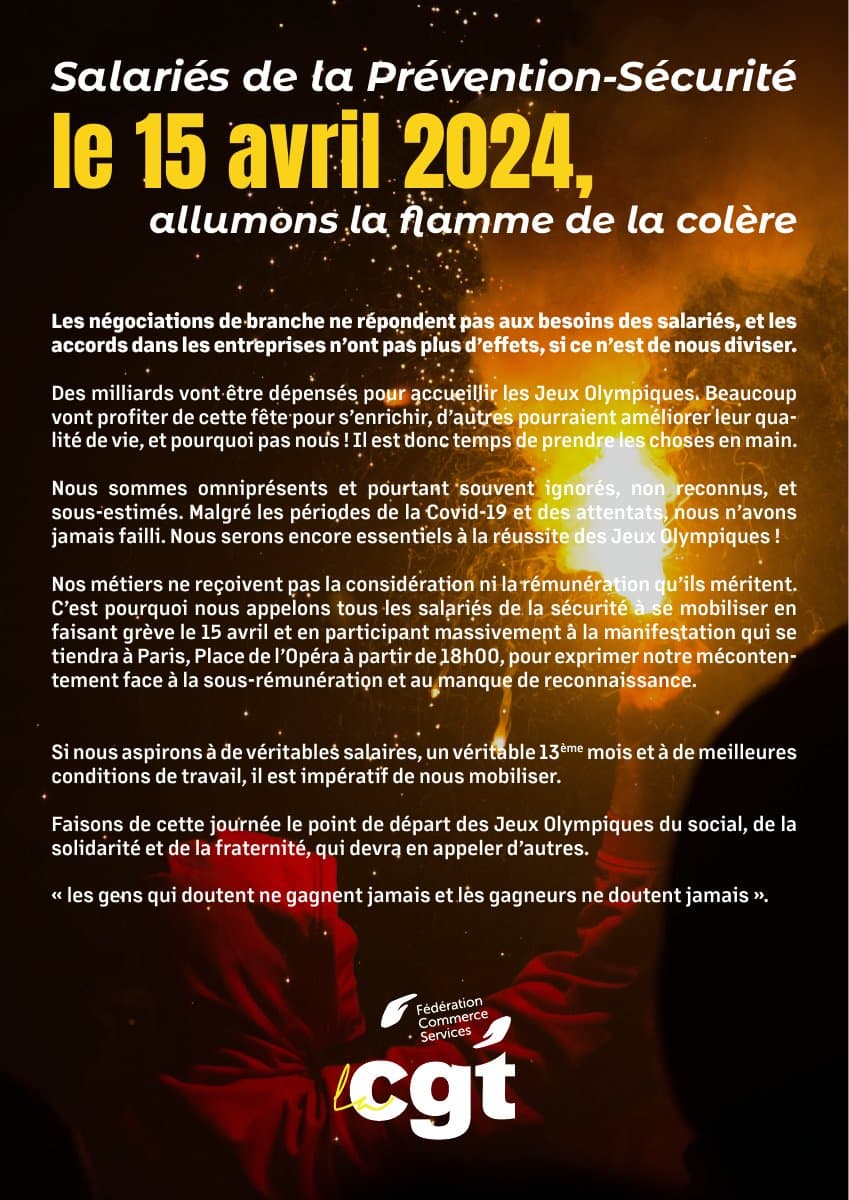 15 avril 2024 : salariés de la prévention-sécurité, allumez la flamme !