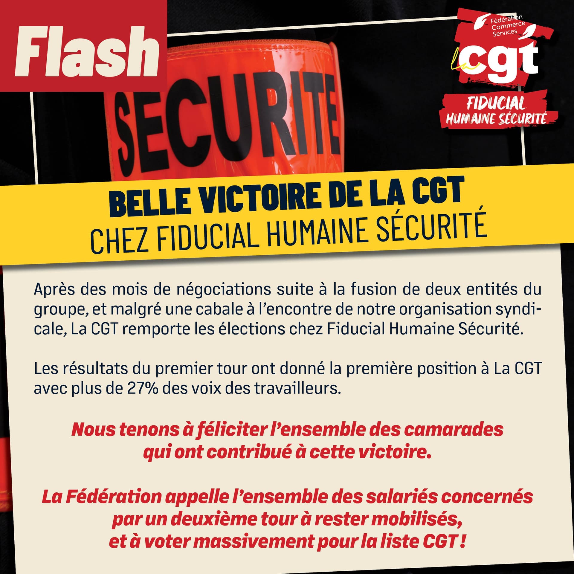 Belle victoire de la CGT chez Fiducial Humaine Sécurité