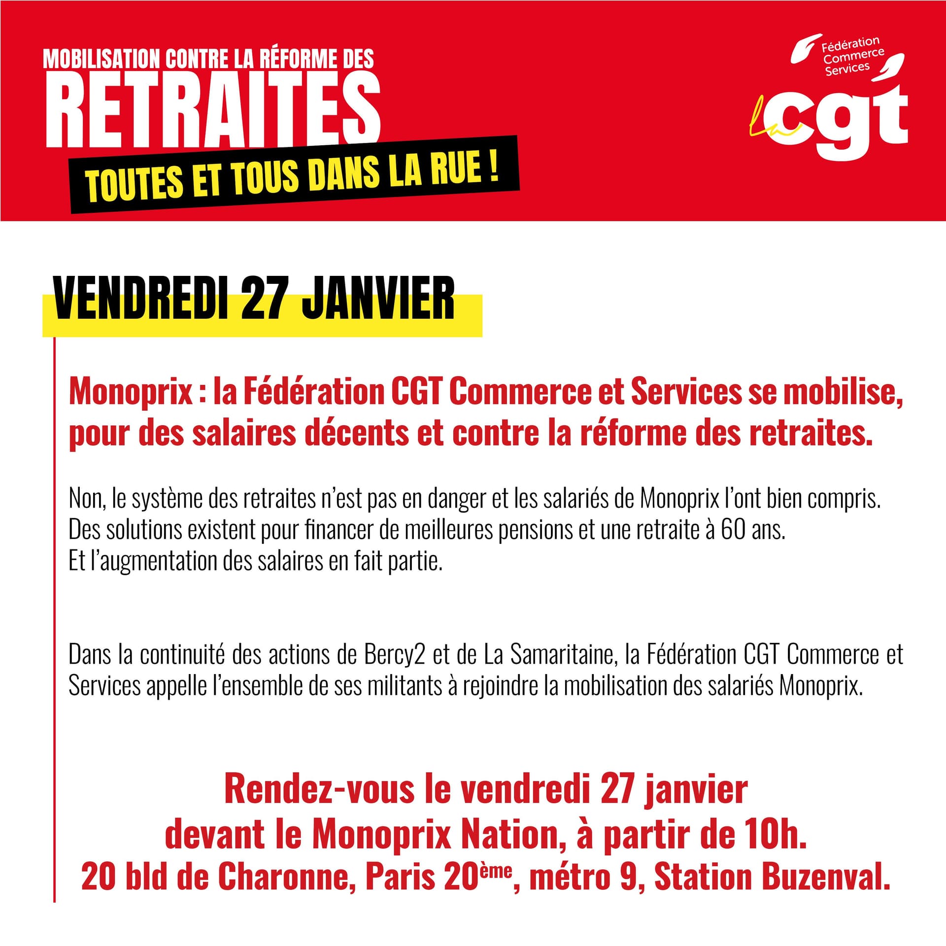 Monoprix : mobilisation CGT le 27 janvier contre la réforme des retraites
