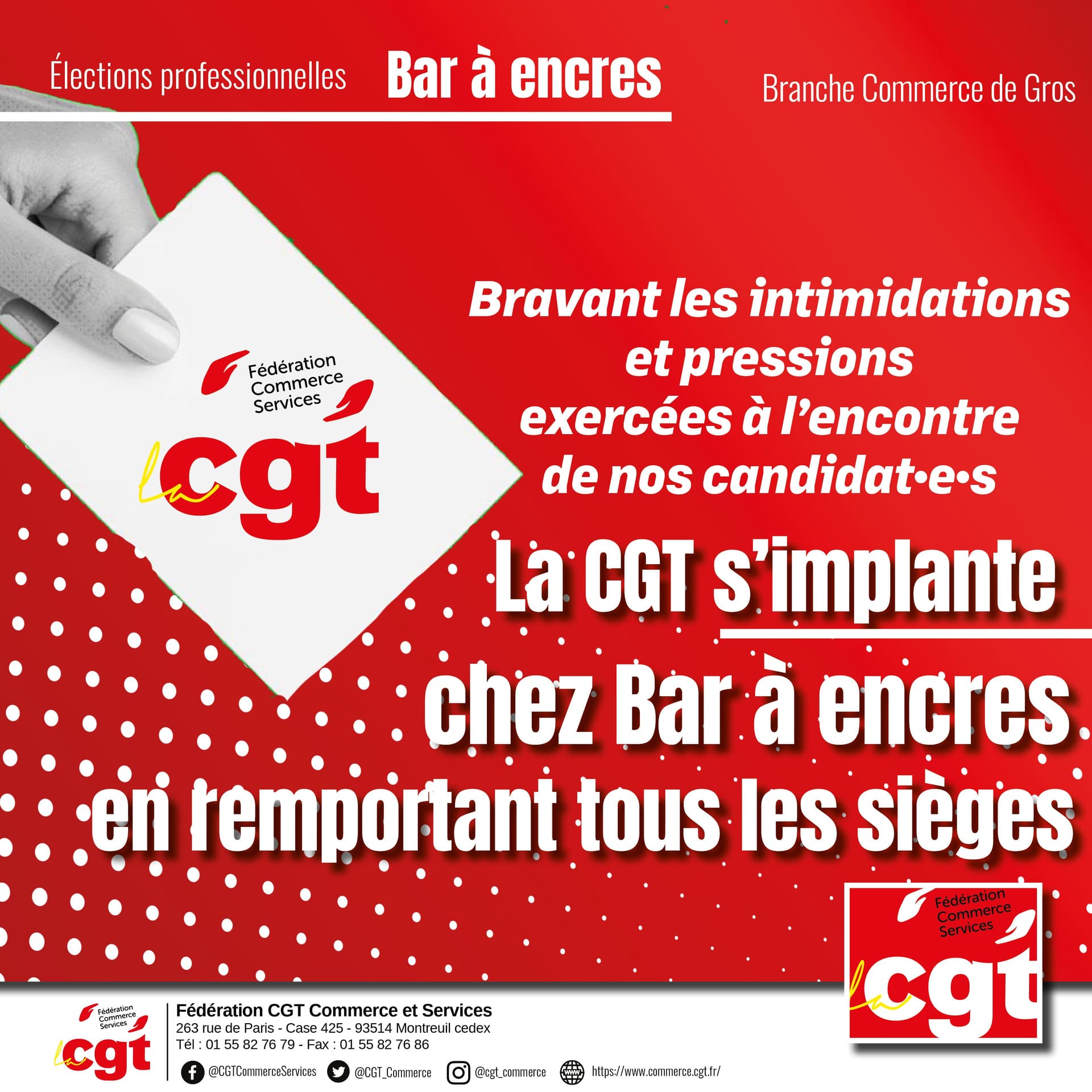 La CGT s'implante chez Bar à encres avec tous les sièges