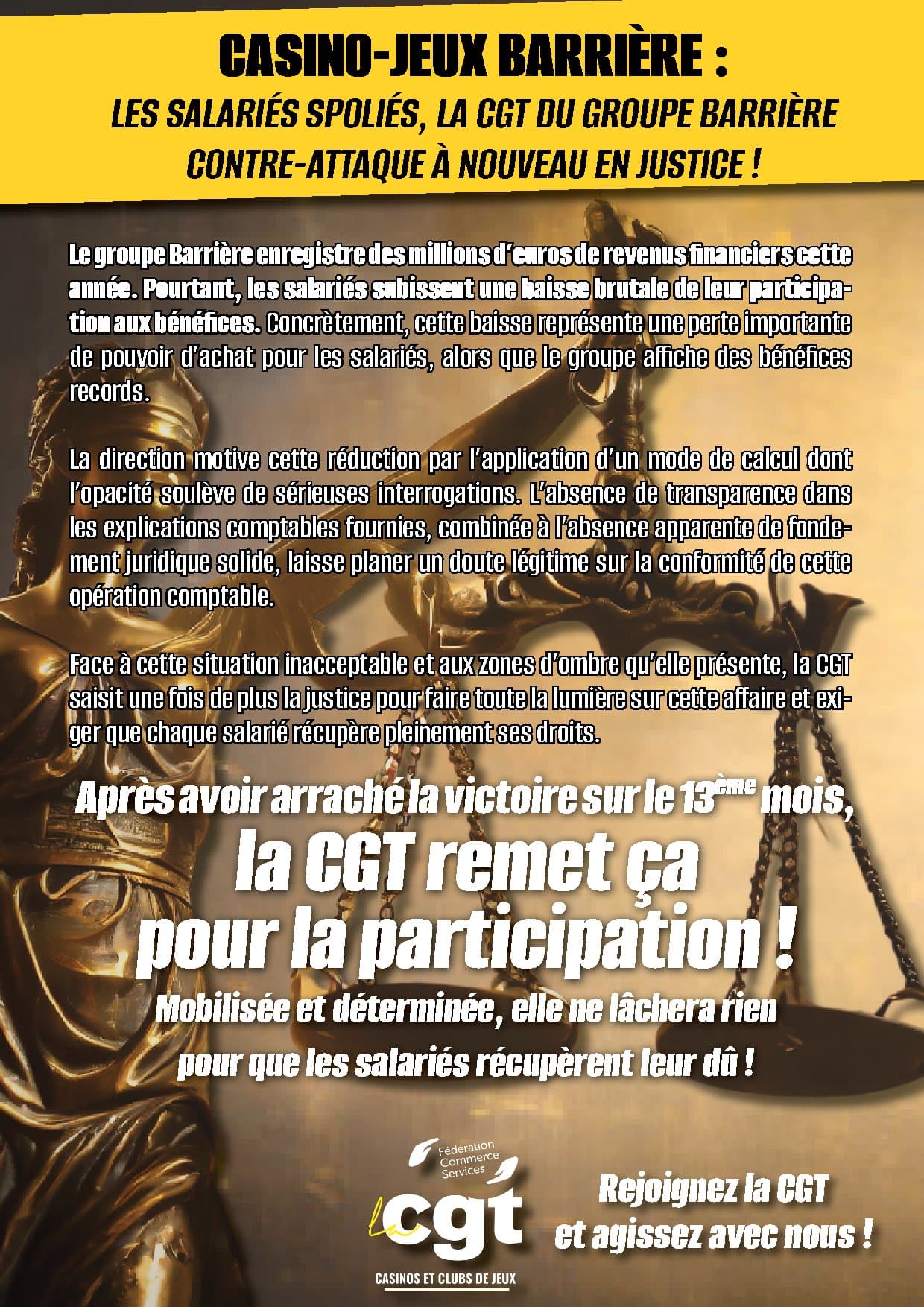 CASINO-JEUX BARRIÈRE : LES SALARIÉS SPOLIÉS, LA CGT DU GROUPE BARRIÈRE CONTRE-ATTAQUE À NOUVEAU EN JUSTICE !