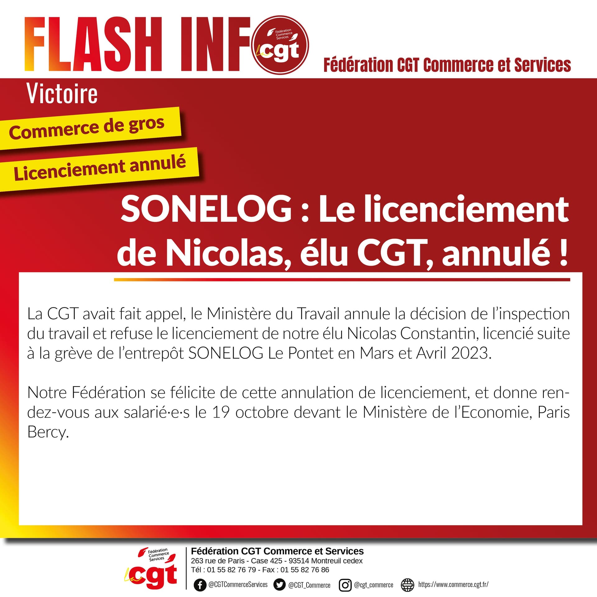Sonélog : le licenciement de Nicolas, élu CGT, annulé !