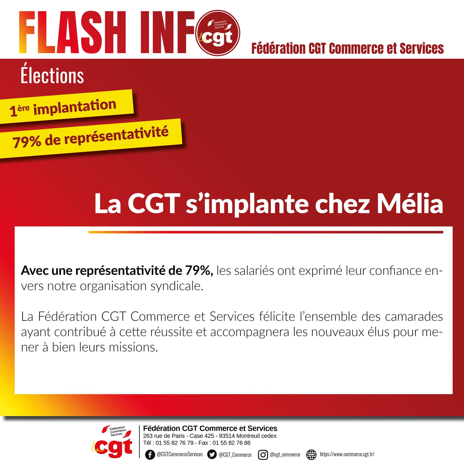La CGT s'implante chez Melia avec 79% de représentativité