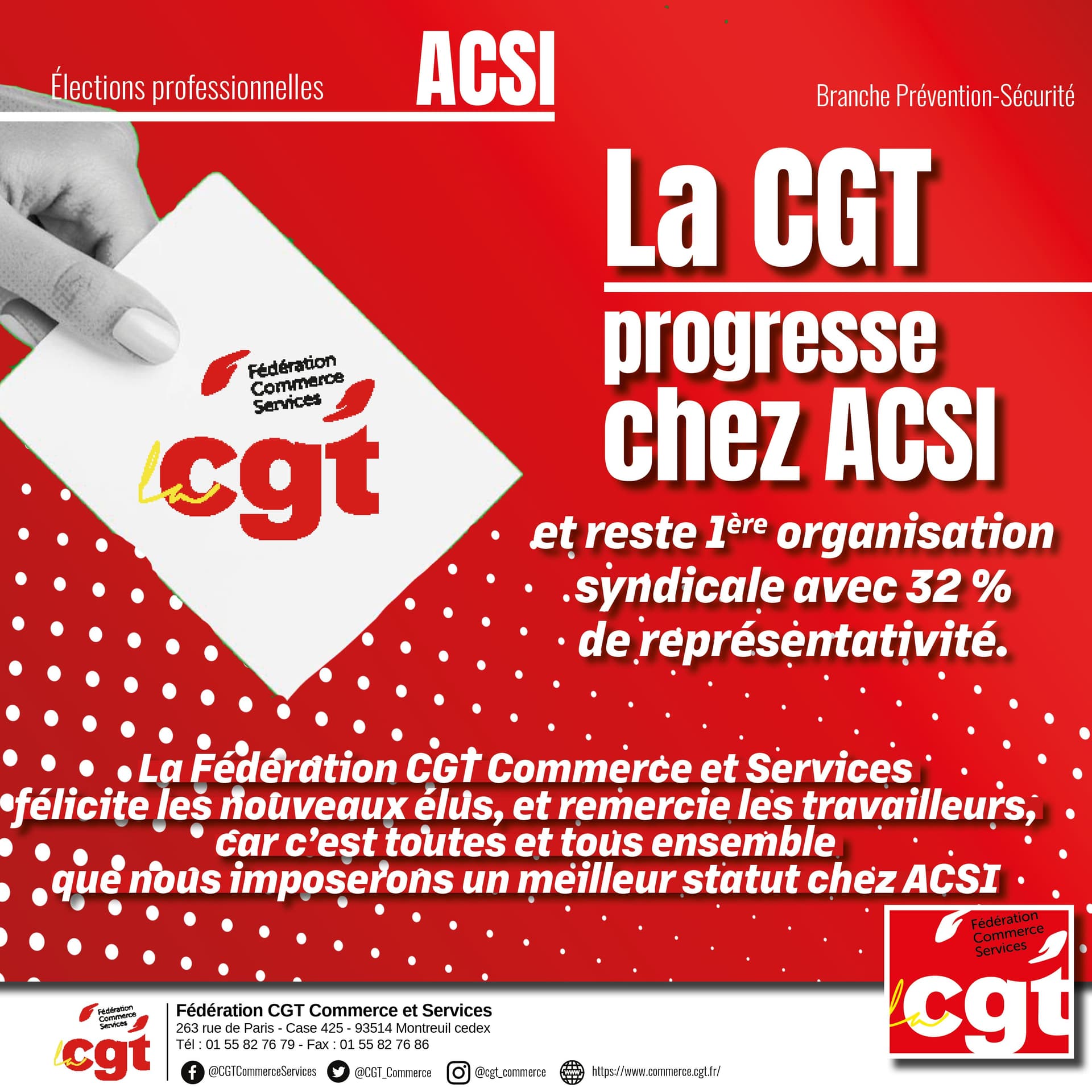 La CGT progresse aux élections professionnelles ACSI