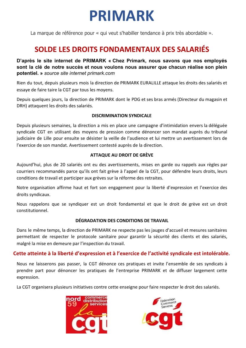 Primark : stop à l'attaque contre les droits des salariés