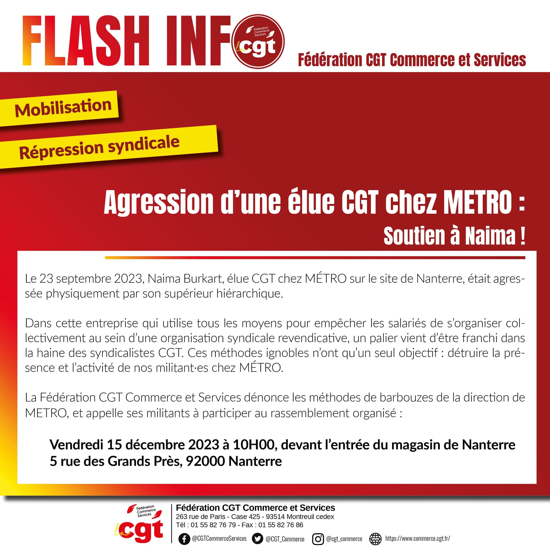 Agression d'une élue CGT chez METRO : la CGT mobilise