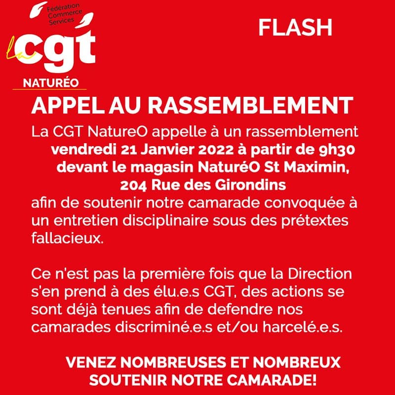 Rassemblement de solidarité CGT Naturéo le 21 janvier
