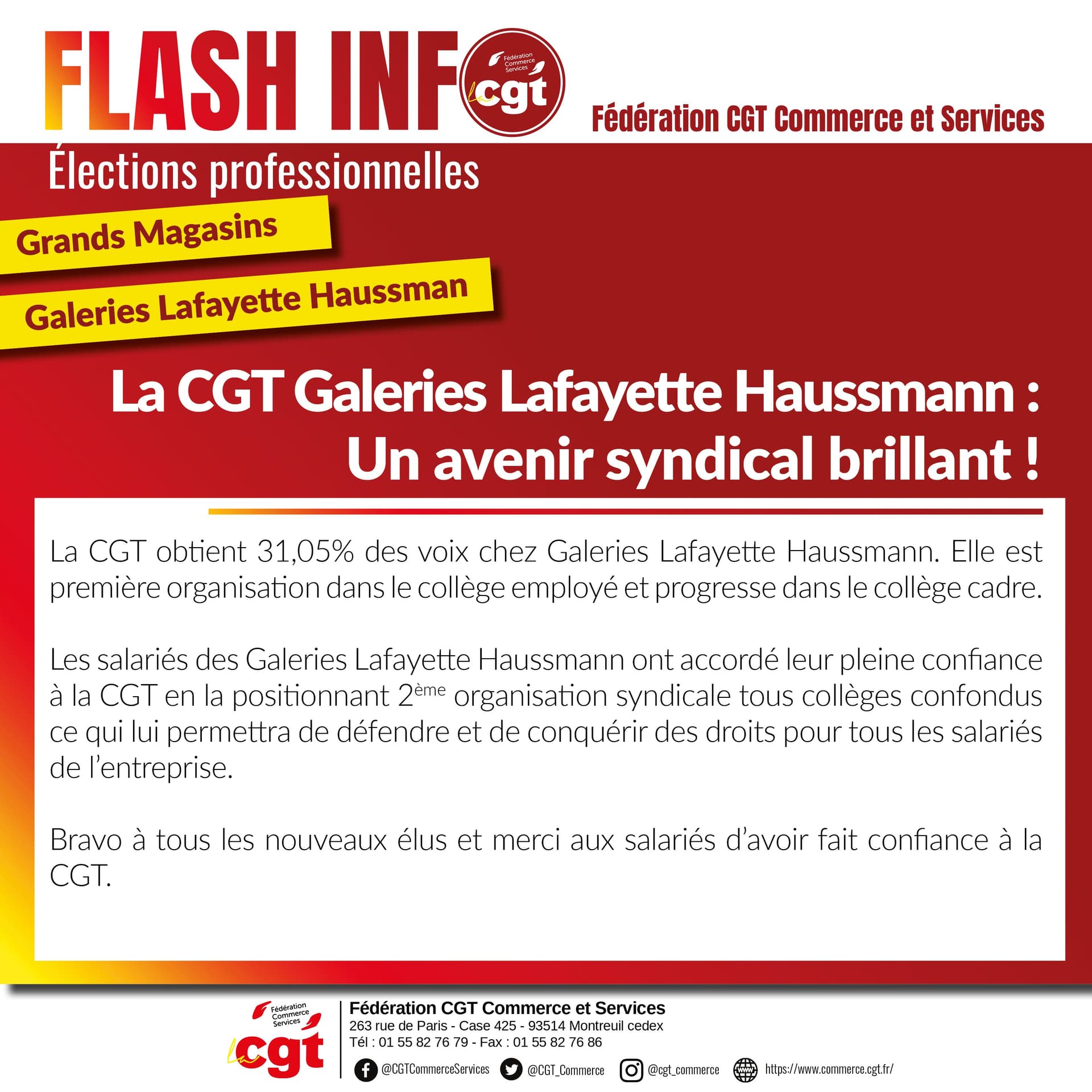 CGT en tête aux élections de Galeries Lafayette Haussmann
