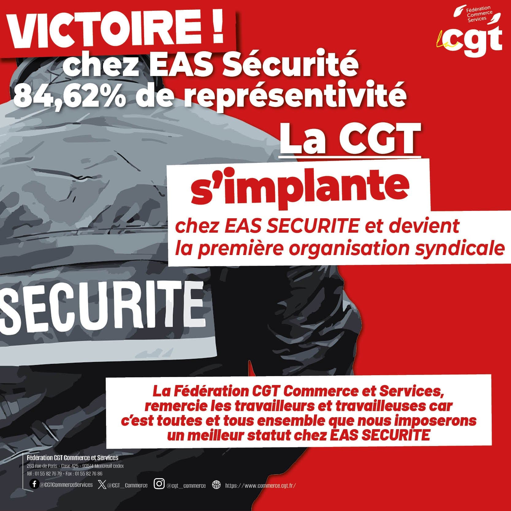 Victoire CGT chez EAS Sécurité avec 84,62% de représentativité