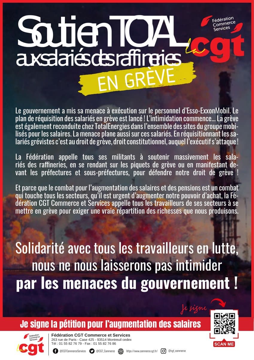 Solidarité avec les raffineries en grève : face aux menaces !