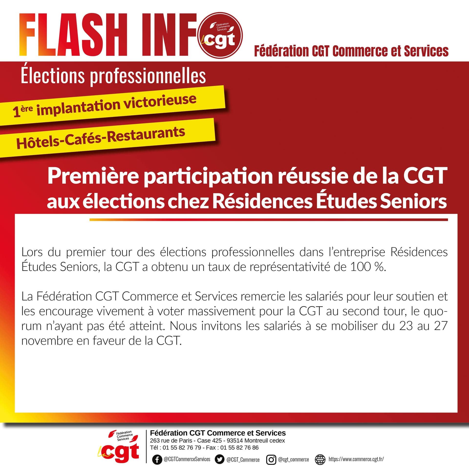 CGT remporte 100% aux élections chez Résidences Études Seniors