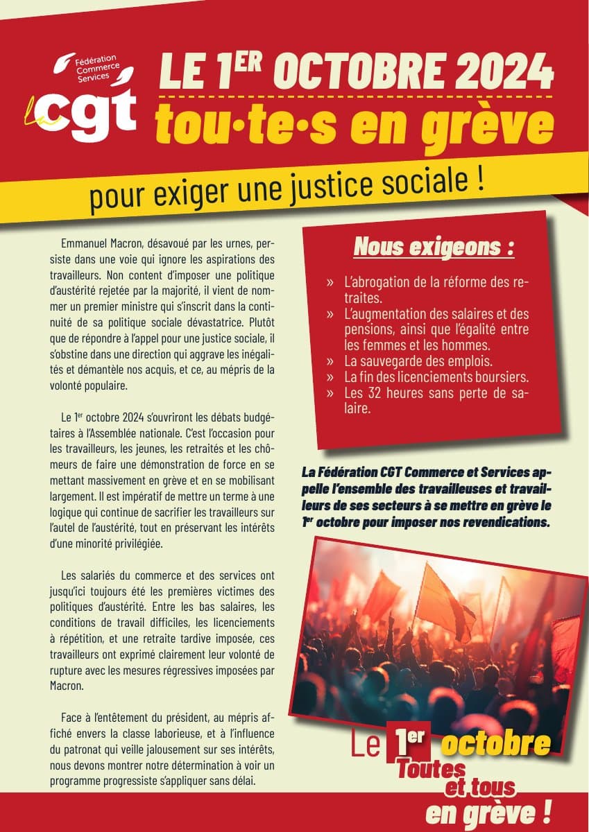 1er octobre 2024 : tou·te·s en grève pour la justice sociale !