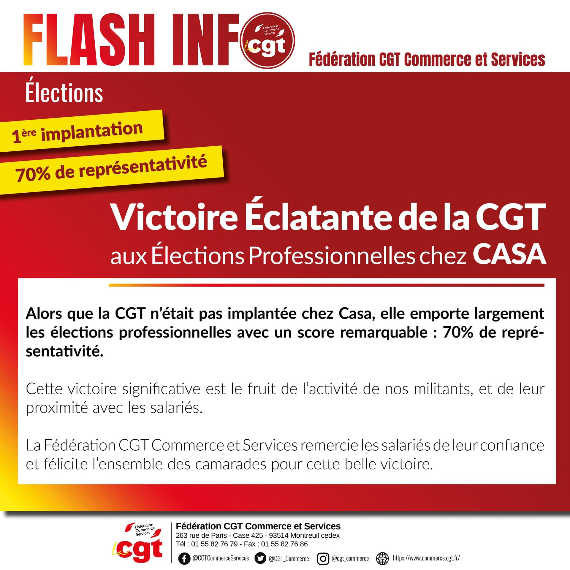 Victoire éclatante de la CGT aux élections professionnelles chez CASA