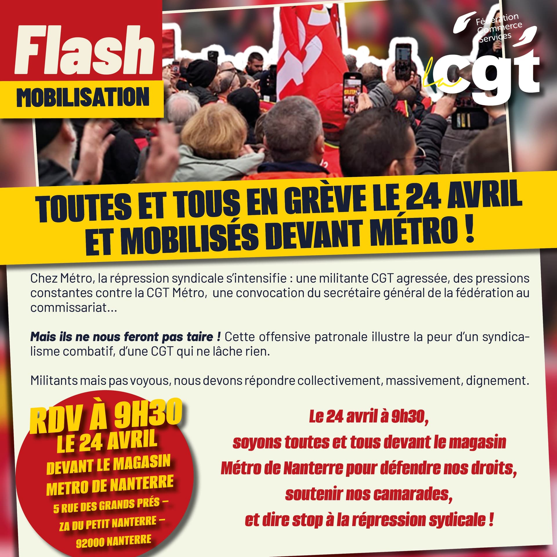 Grève à Métro Nanterre le 24 avril contre la répression syndicale