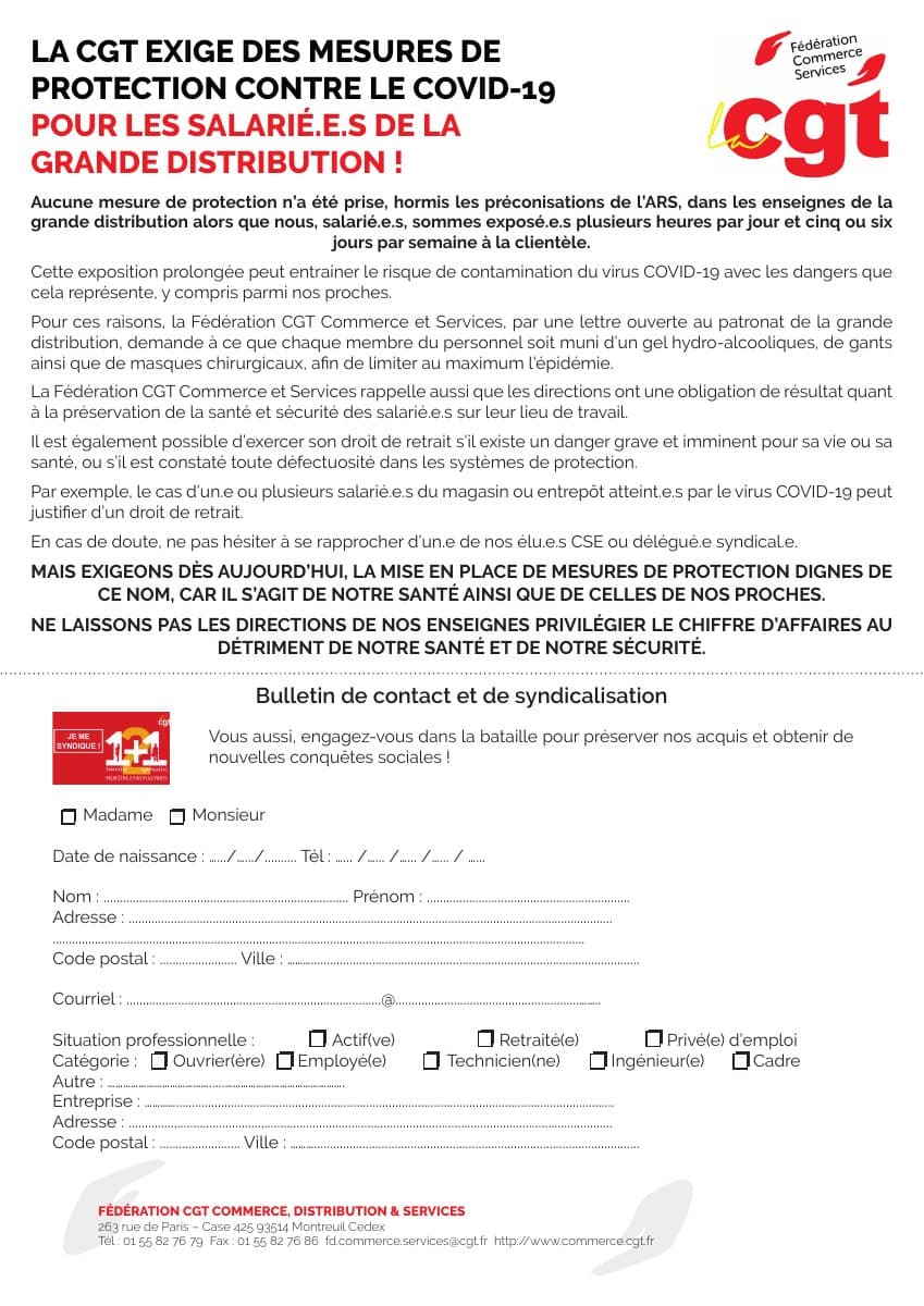 CGT exige des mesures de protection contre le COVID-19 en grande distribution