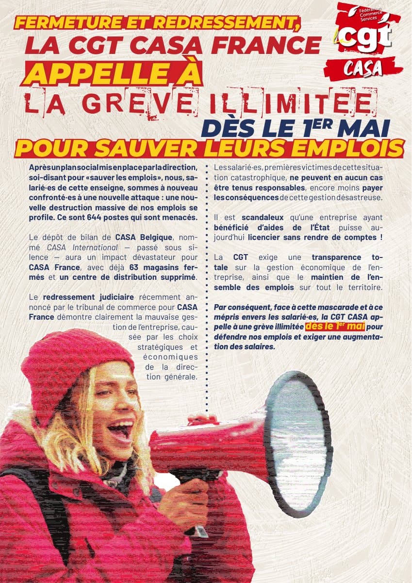 La CGT CASA appelle à la grève illimitée dès le 1er mai