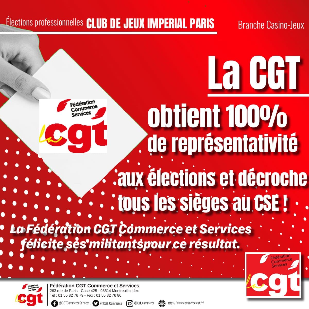 CGT remporte 100% de représentativité au Club de Jeux Imperial Paris