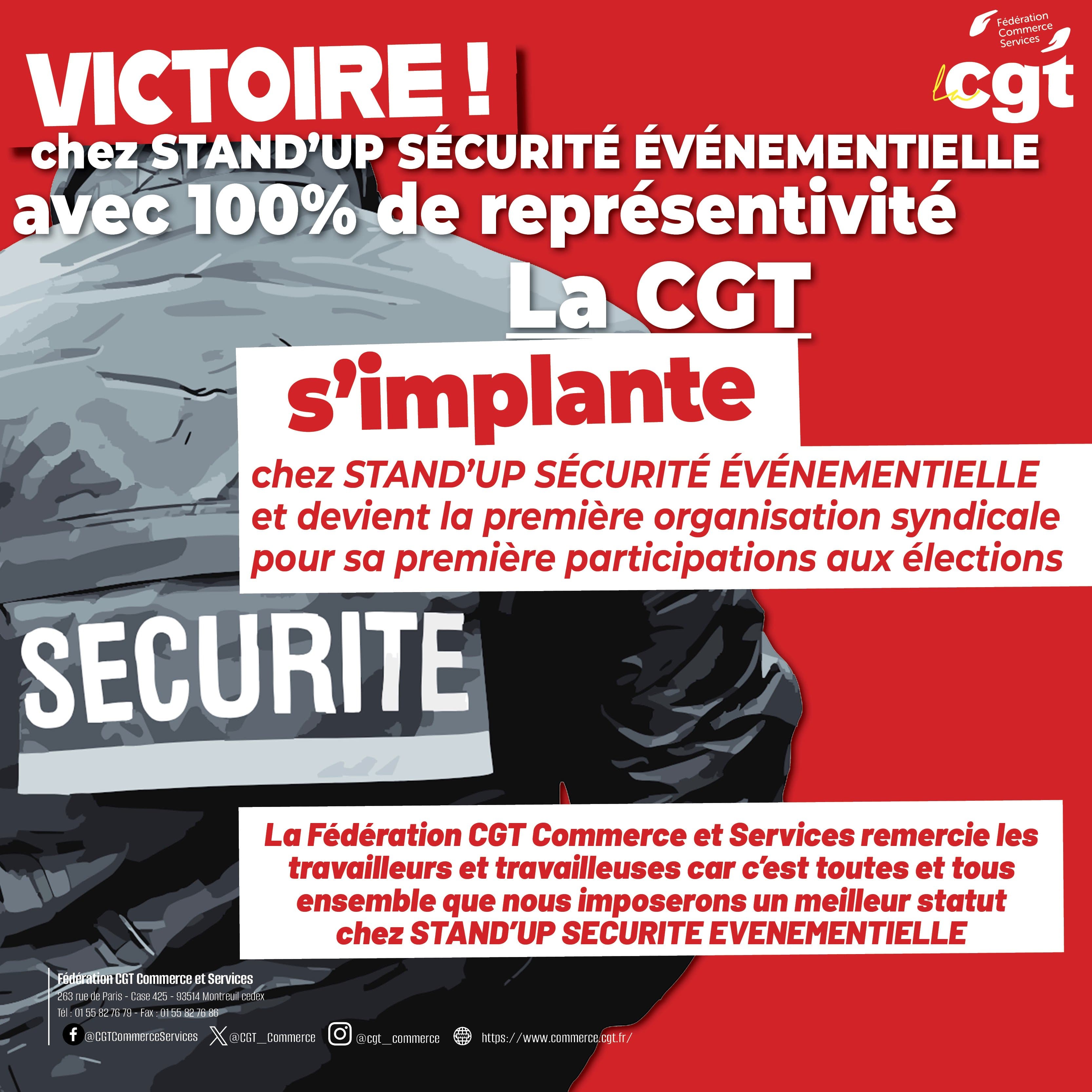 CGT remporte 100% de représentativité chez Stand'up Sécurité
