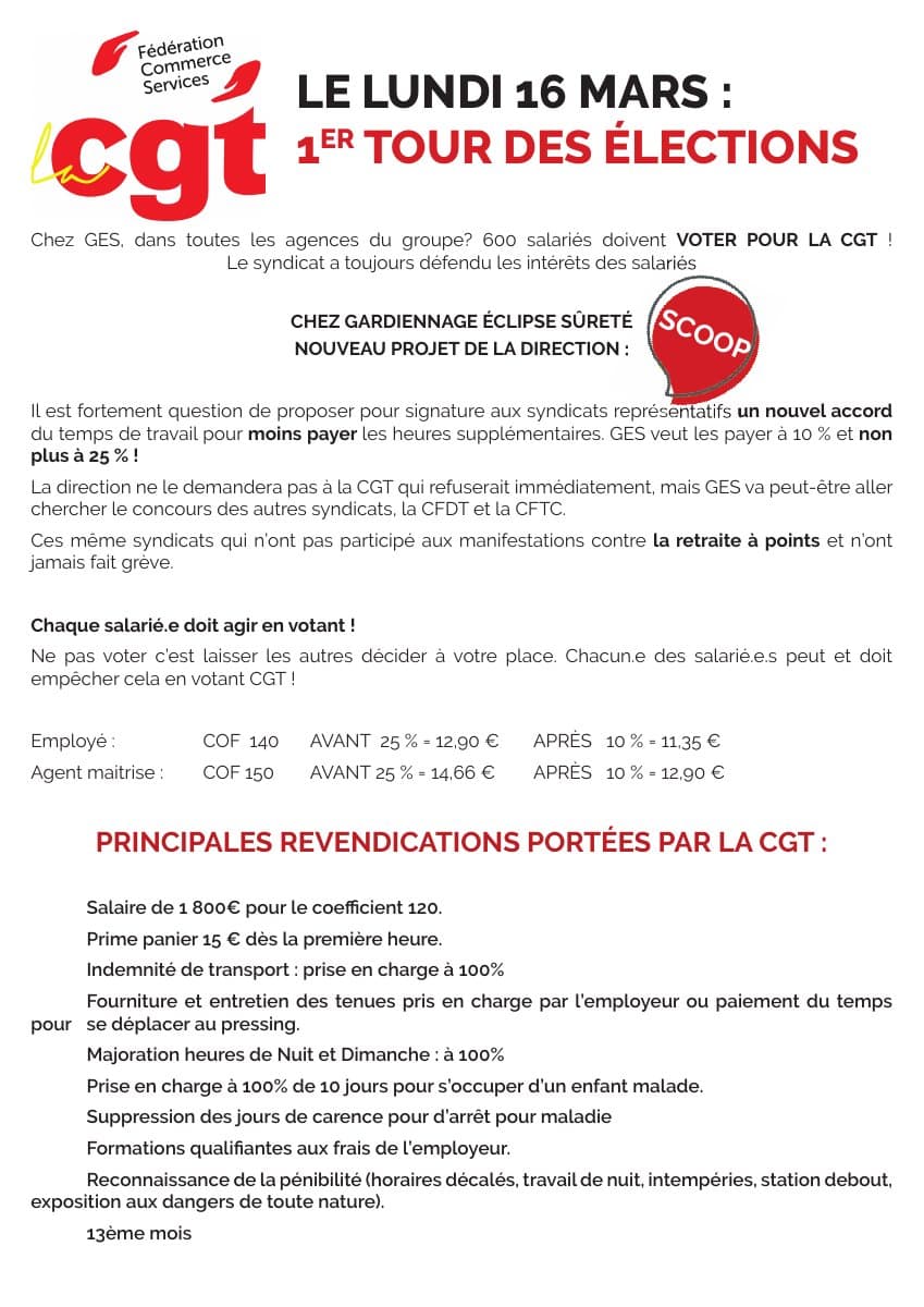 Gardiennage Éclipse Sûreté : votez CGT le 16 mars !