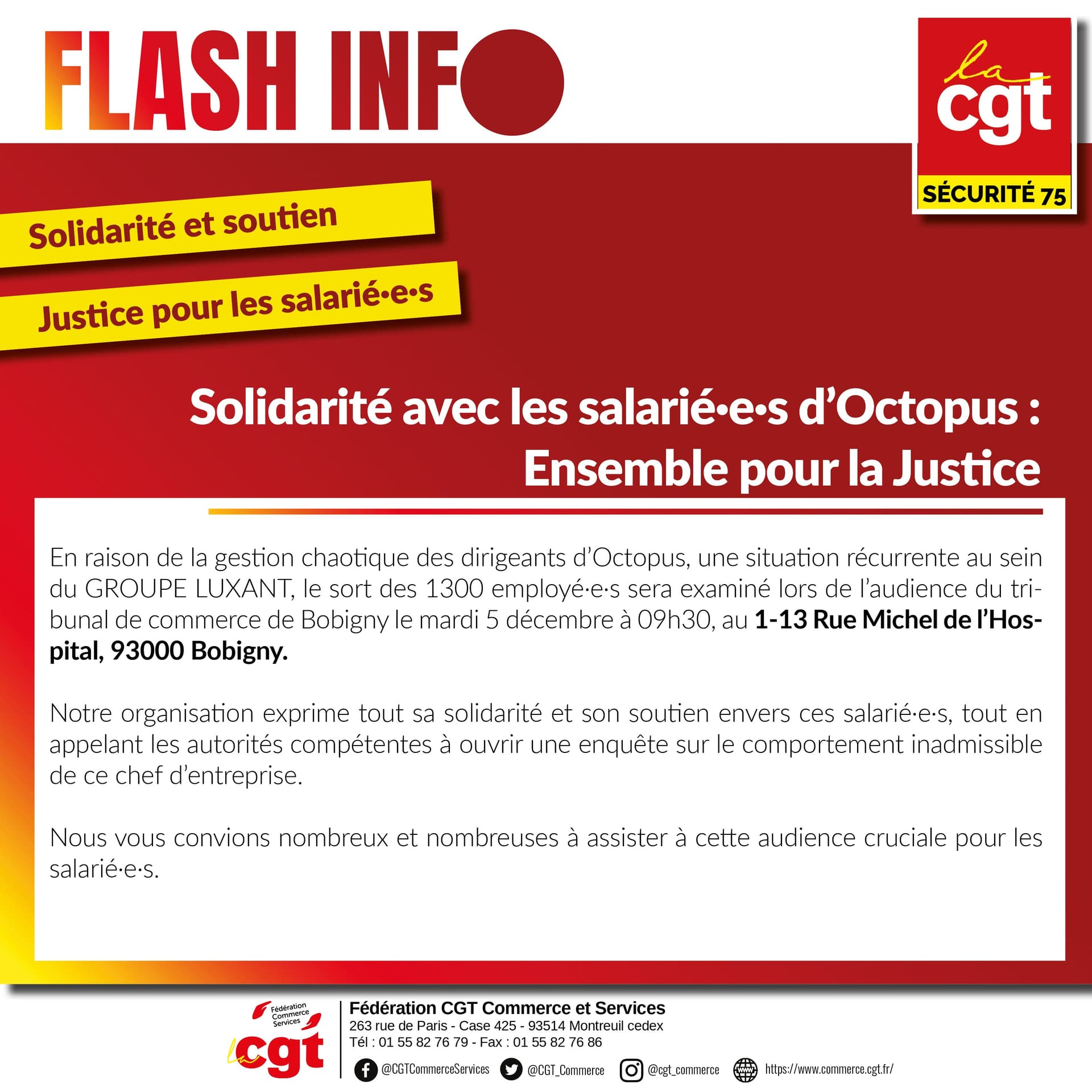 Solidarité avec les salariés d'Octopus : audience cruciale