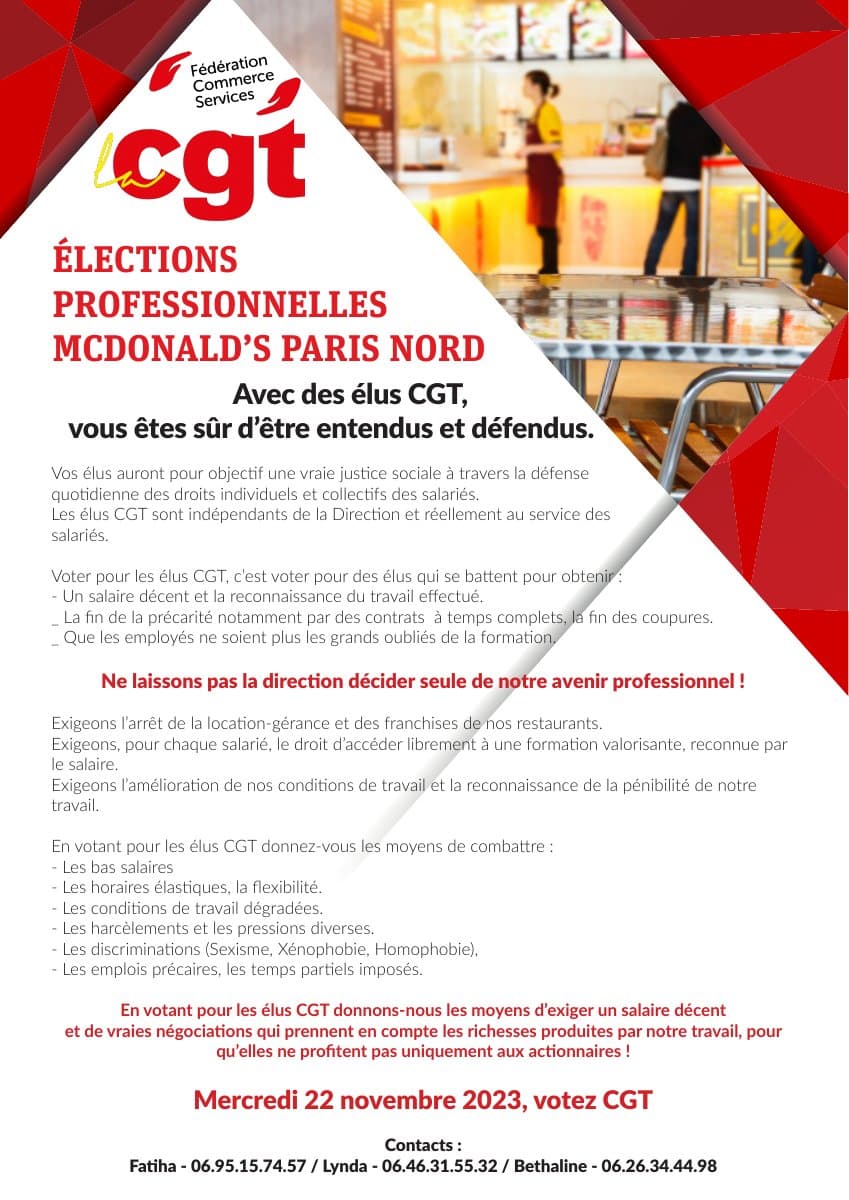 McDonald's Paris Nord : votez CGT le 22 novembre !