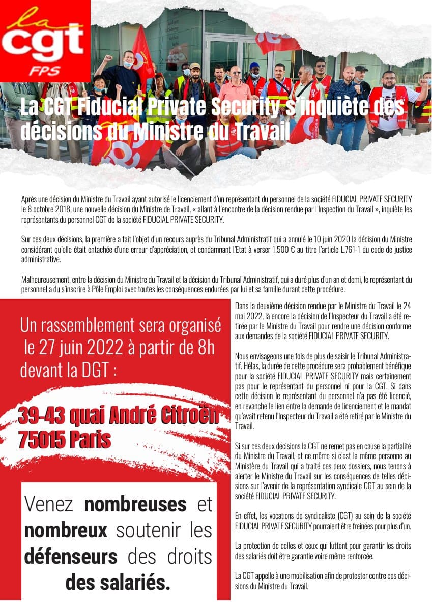 Fiducial Private Security : la CGT s'inquiète des décisions du Ministre
