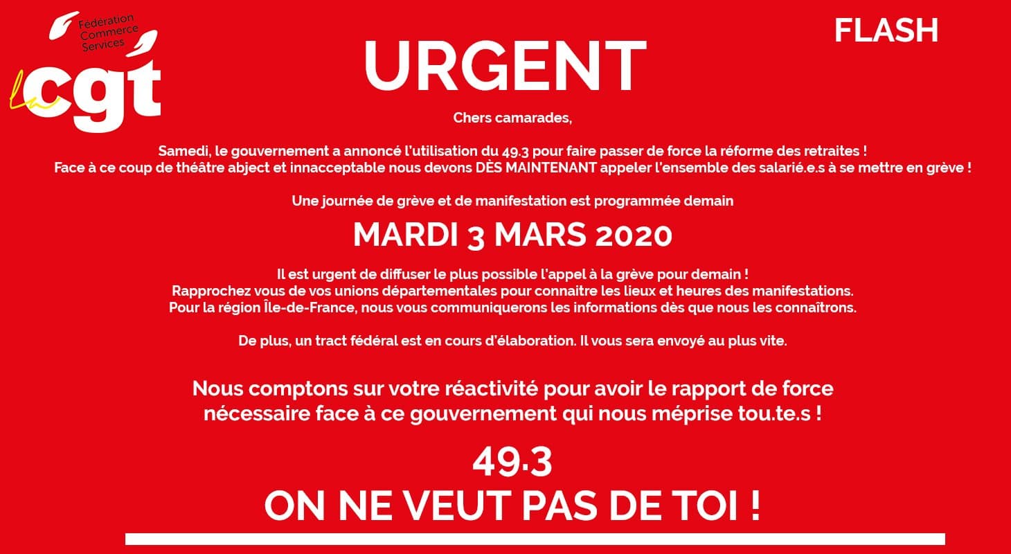 Grève et manifestation le 3 mars 2020 contre le 49.3